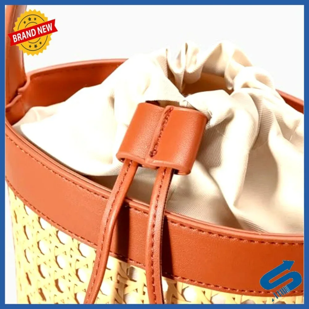 Rattan Straw Tote Bucket Bag PU Leather Summer Beach Holiday Purse